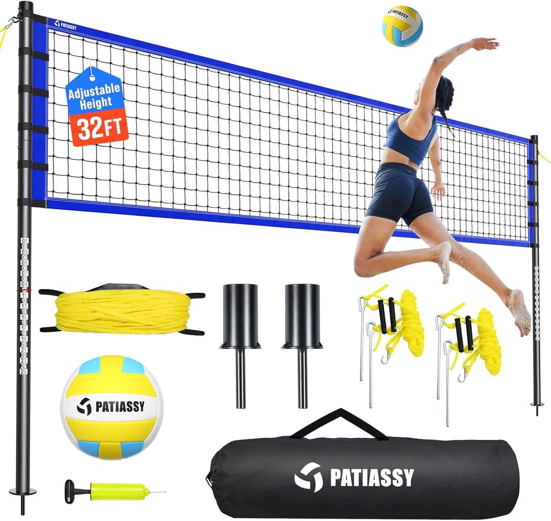 Outdoor Volleyball Net Set for Backyard & Beach, 32FT Regulation Size, Easy Setup Adjustable Height Poles, Portable Net System with PU Volleyball, Pump & Carry Bag