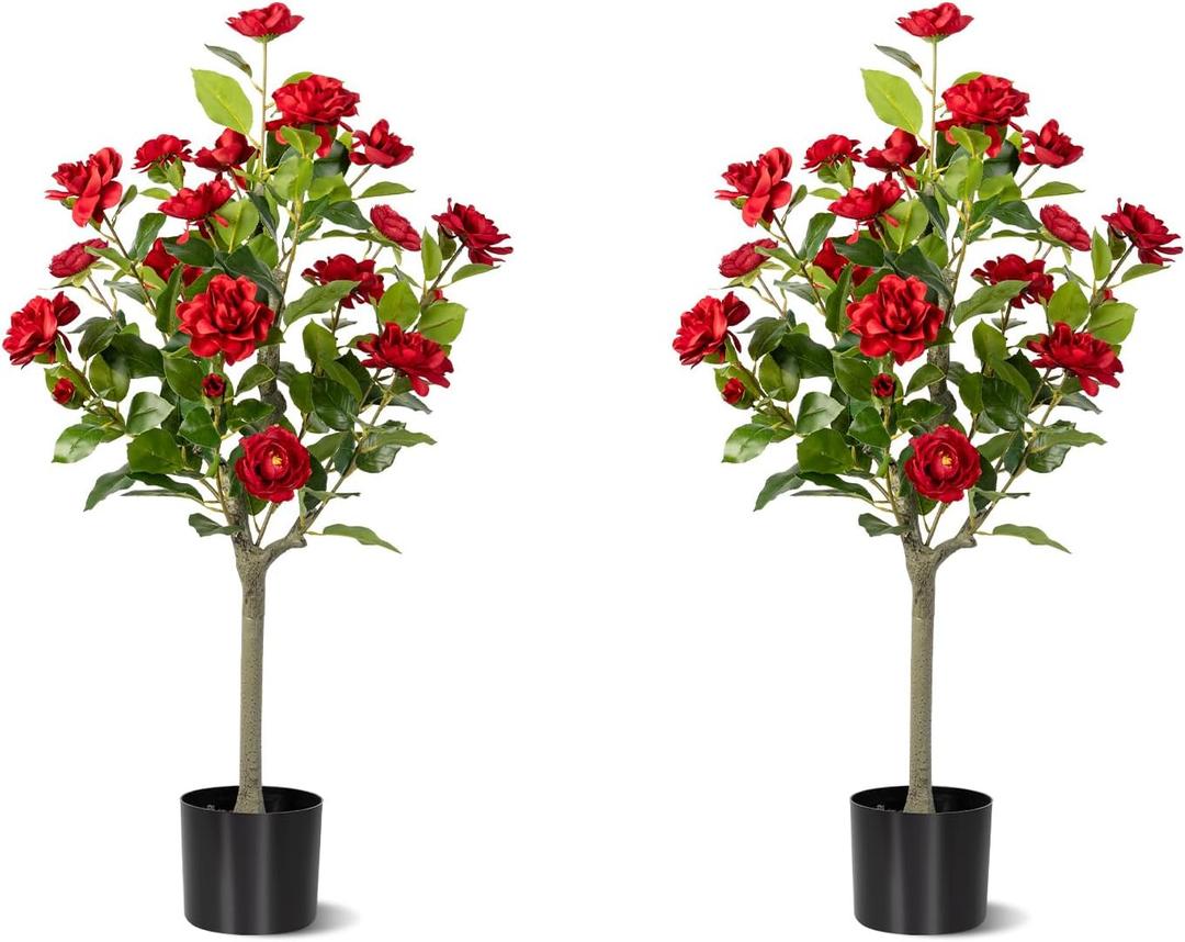 3FT Artificial Camellia Tree 2 Pack, Artificial Plants Outdoor Faux Floral Plant in Cement Pot Fake Silk Camellia Tree Plants for Home House Living Room Office Decor