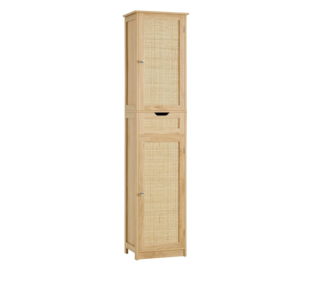 Iwell Tall Narrow Storage Cabinet with Doors, Rattan Cabinet with Adjustable Shelves, Freestanding Linen Storage for Living Room, Entryway, Kitchen, Bathroom, Natural