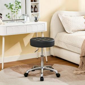 FIRAVOE Rolling Stools with Wheels (300lbs Capacity) (Adjustable Height 20"-27") Black Leather Tattoo Vanity Massage Stool (Black), No Back & Footrest