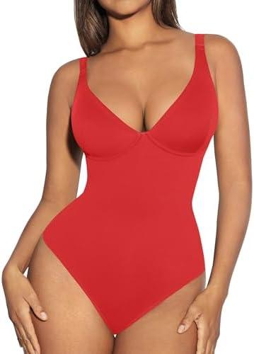 FeelinGirl Shapewear Bodysuits for Women Tummy Control Body Suits Deep V Neck Thong Body Shaper, XL, Red