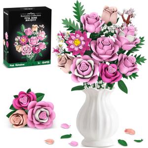 Pink Rose Bouquet Flowers Building Set, 834Pcs Roses Artificial Flowers Botanical Collection Compatible with Lego Flowers for Adults Valentines Day Gifts for Her Women Wife Girlfriend Mom