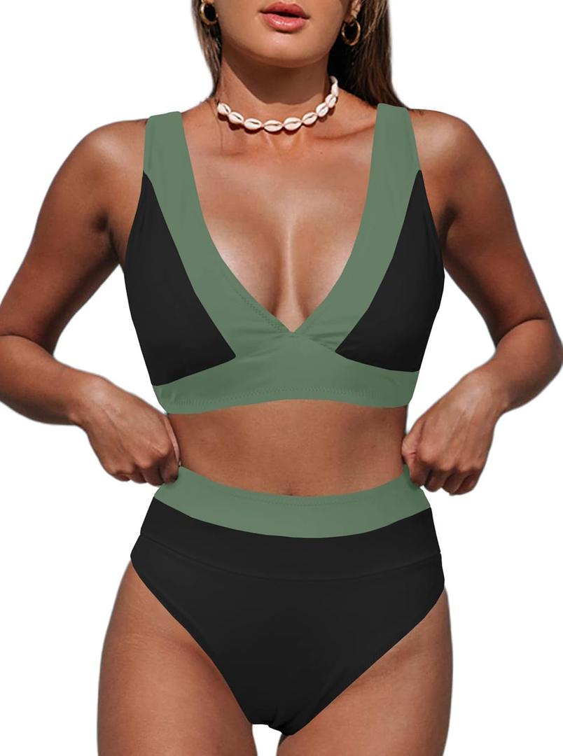 Hilinker Women's Leopard Bikini Swimsuits V Neck High Waisted 2 Piece Bathing Suits (Black Green Colorblock, S)