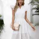 Boho Summer Dresses 2026 Resort V Neck Ruffle Sleeveless Hollow Out Lace Casual Beach Mini Vacation Dress