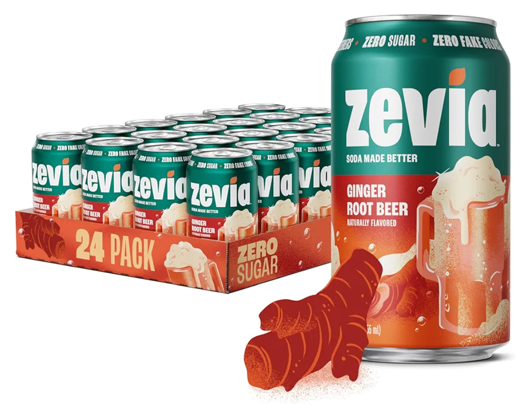 Zevia Zero Sugar Soda, Ginger Root Beer, 12 oz Cans (24-Pack) – Naturally Sweetened, Zero Calorie Sugar Free Soda - Non-GMO Project Verified, Gluten-Free, Vegan, BBD 04/29/2027