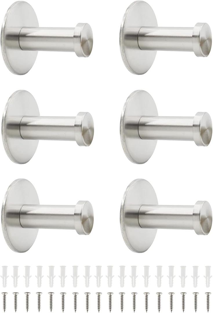 6 PCS Bathroom Towel Hook Robe Hook Holder, Wall Mount Heavy Duty Stainless Steel Round Wall Hooks Coat Hanger Decorative Hook for Bedroom Hotel Toilet Kitchen Office Garage Pool Silver