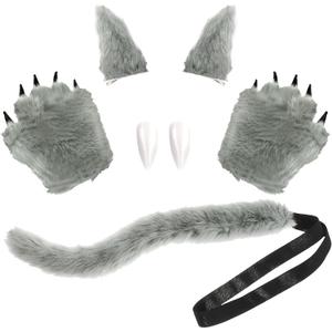 Haysandy 4 Pieces Halloween Wolf Costume for Women Men Adult Werewolf Fox Tail Clip Ears and Gloves Teeth for Halloween Fancy Party Cosplay Accessories