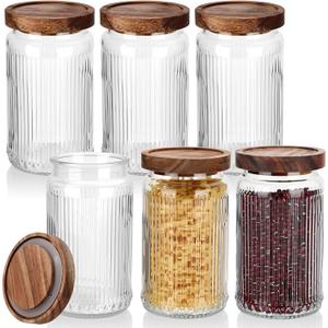 6 Pcs 1000ml/34 oz Vintage Glass Storage Jar Glass Containers with Wood Lid Ribbed Pattern Airtight Kitchen Spice Containers for Pantry, Coffee Bean, Grains, Tea, Sugar, Flour, Candy, Oats