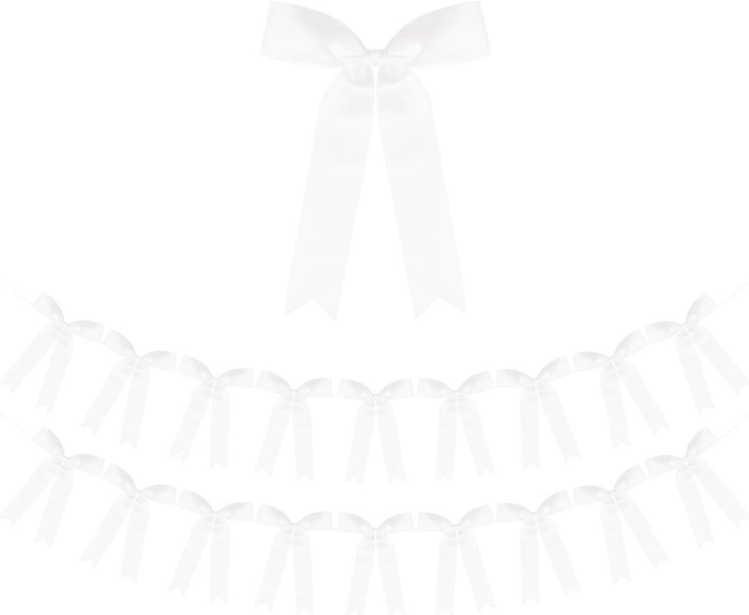 White Bow Garland Banner 2 Strings 18PCS, Pre-Strung Satin Ribbon Bow Ornaments for Birthday, Baby Shower, Bridal Shower, Wedding, Bachelorette Party, Engagement, Anniversary, Graduation Decor