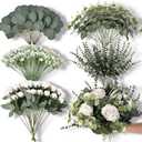 110 Pcs Artificial Eucalyptus Stems and Faux Flowers, 5 Kinds Greenery Stems Bulk, Fake Silver Dollar Eucalyptus Leaves Artificial White Roses for Wedding Decor Vase Centerpieces DIY Bouquet
