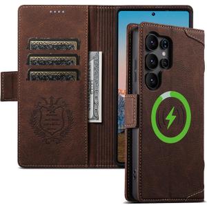 Premium Brown Leather Magnetic Wallet Case for Samsung Galaxy S24 Ultra | MagSafe Compatible Wireless Charging, 3 Card Slots & ID Holder, Kickstand, 360 Military Shockproof Protection