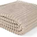 PAVILIA Super Soft Fleece Throw Blanket Twin Taupe Tan Camel, Fuzzy Plush Flannel Throw, Warm Cozy Ribbed Microfiber Blanket for Sofa Couch Bed, Lightweight Striped Blanket, Taupe, 60x80