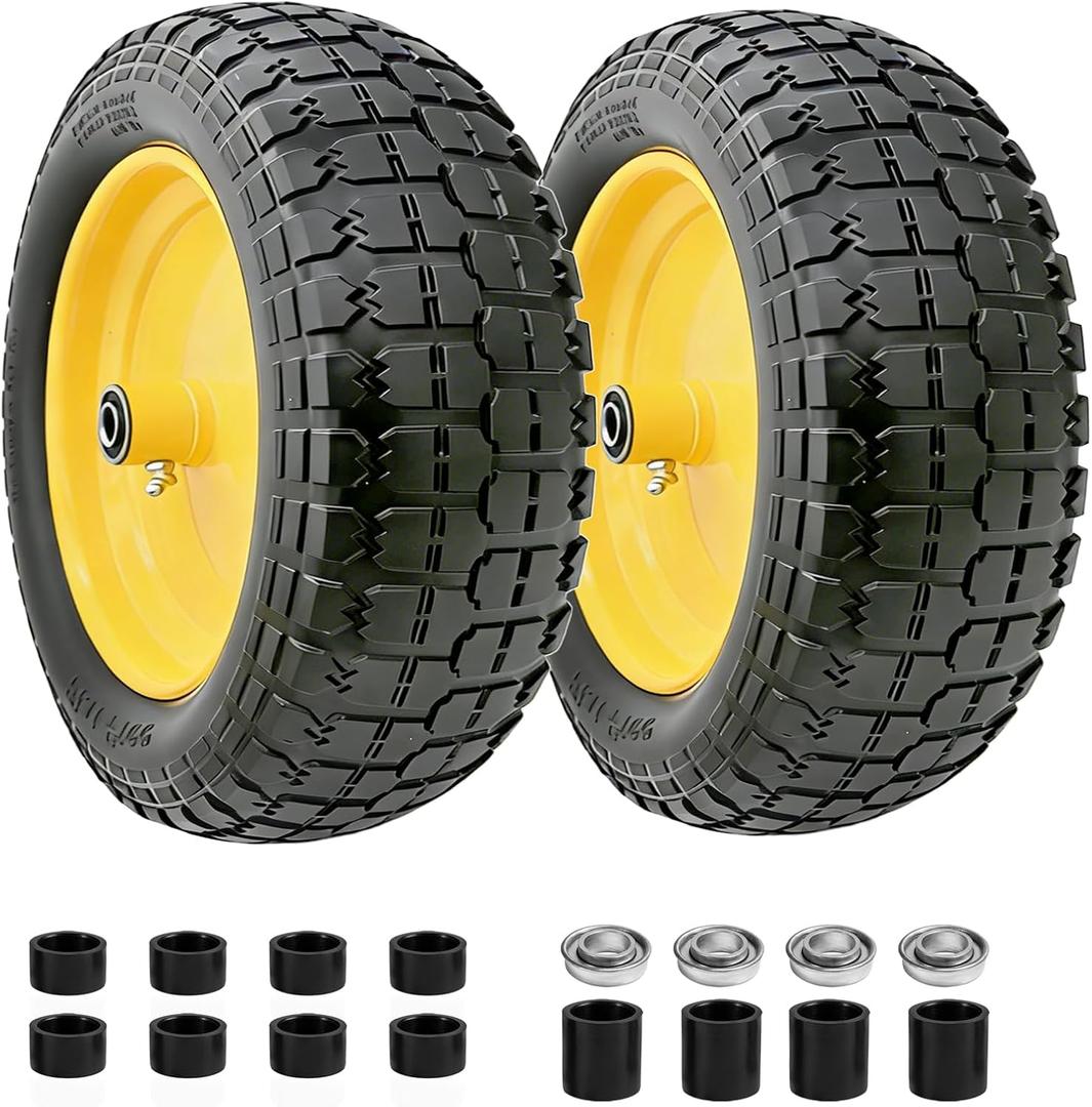 4.80/4.00-8 Flat Free Tire and Wheel, 14.5" Solid Wheelbarrow Tire with 3"-7" Adjustable Centered Hub, 5/8" & 3/4" Bearings, Universal Replacement for Garden Cart, Hand Truck, Dolly (2 Pack)