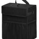 Corduroy Car Trash Can with Lid and Mesh Pockets - Leakproof Organizer,Multipurpose Waterproof Garbage Can/Trash Bin for Car(Black-2 Gallons) (Medium)