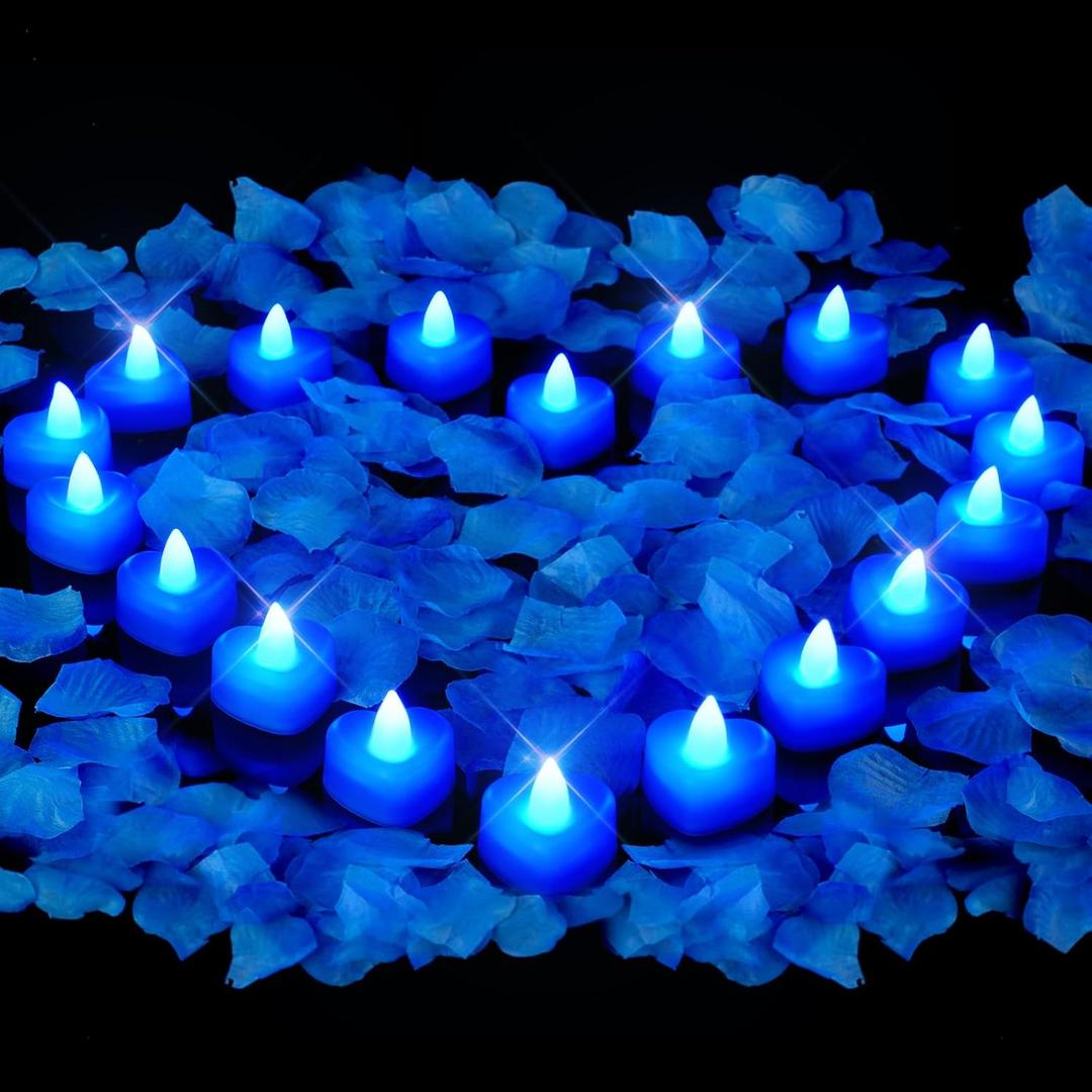 Amagic 2000 Pieces Blue Artificial Rose Petals with 24 Blue Heart LED Tea Lights, Rose Petals and Candles Set for Proposal, Anniversary, Romantic Night, Wedding Decor (24 Pcs Blue Candles + 2000 Pcs Blue Petals)