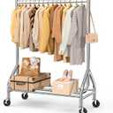 EAGMAK Heavy Duty Clothes Rack Load 420 LBS, Rolling Garment Rack with Lockable Wheels, Standing Metal Clothing Rack with Shelves, Portable Wardrobe Rack Sturdy Coat Rack for Hanging Clothes (Silver), 43.3″×18.9″×63″