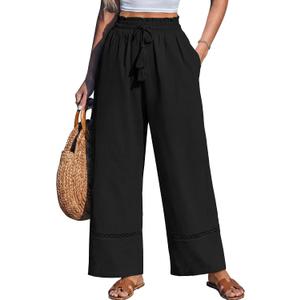 Sarin Mathews Womens Wide Leg Linen Pants High Waisted Drawstring Palazzo Casual Summer Beach Pants with Pockets L