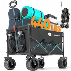Collapsible Foldable Wagon Cart, 440lbs Heavy Duty Utility Wagon with All-Terrain Wheels, Folding Outdoor Cart with Brakes for Beach, Sports, Camping, Garden, Shopping  Black