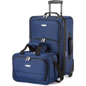 Amazon Basics Softside Luggage Set, 23-Inch Expandable Suitcase with Wheels and 15-Inch Tote, Extra Space (+15%), Front Pockets, Telescopic Handle, Navy Blue, Carry-On 23-Inch, tote 15-Inch