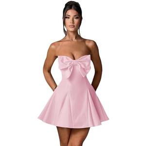 JUMISEE Women's Elegant Bow Strapless Homecoming Dress A Line Swing Tube Mini Dress Short Evening Party Prom Dress, Pink, XS