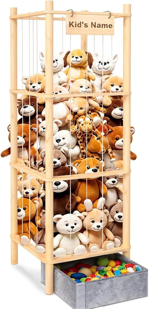 Stuffed Animal Storage with Toys Tray, 57In Large Wooden Stuffy Plushies Storage Holder Extra Large Capacity Stuffed Animals Zoo Organizer for Toddler Rooms, Playrooms & Bedrooms
