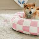 Checkered Dog Bed, Cute Girly Pink Retro Style Aesthetic Round Warming Pet Calming Beds for Small Dog and Cats, Plush Cozy Donut Dog Beds Washable, 30" L x 30" W x 8" Th