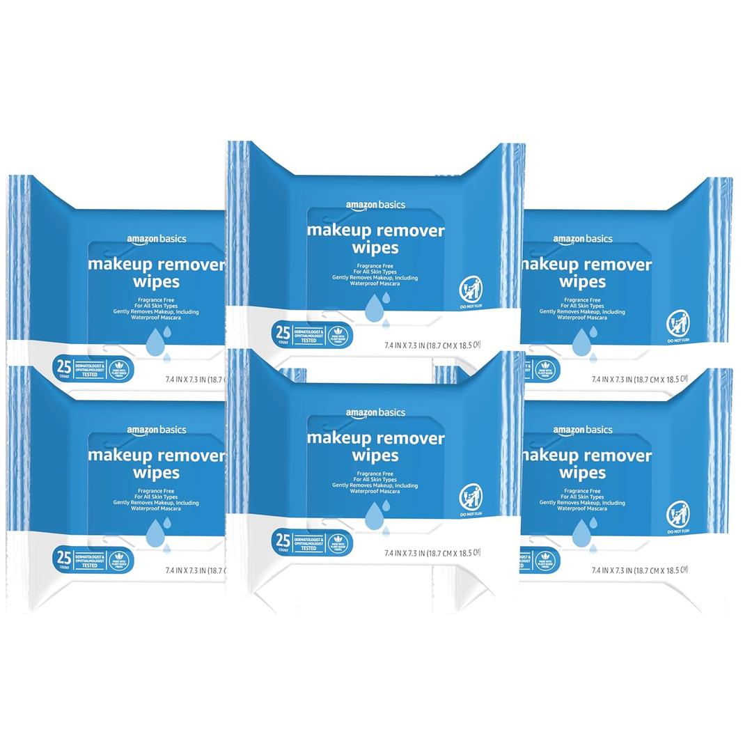 Amazon Basics Makeup Remover Wipes, Fragrance- and Alcohol-Free, Gentle Cleansing, Removes Waterproof Mascara, Dermatologist Tested, 25 Count, Pack of 6 (Previously Solimo)
