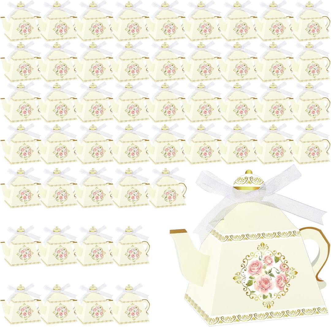 Fuutreo 50 Pcs Spring Tea Party Favor Boxes Tea Party Decorations Vintage Floral Teapot Box Flower Teapot Candy Gift Case for Women Garden Wedding Bridal Shower Birthday(Light Yellow)