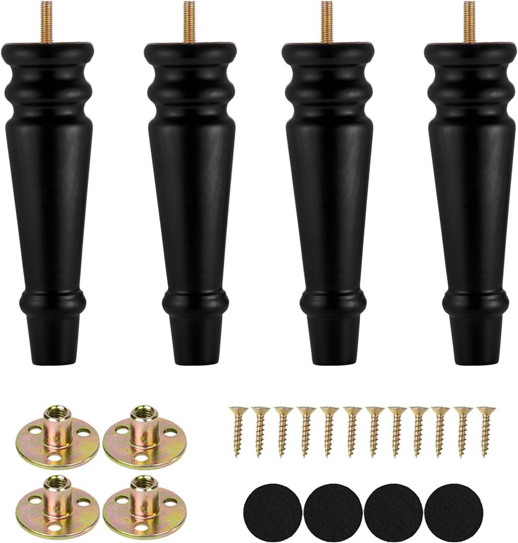 Maricome Furniture Legs 8 inches Set of 4 Pre-drilled M8 Bolt Wood Bun Replacement Legs for Sofa Couch Cabinet Chair Black Solid Round Turned Screw in