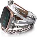 Boho Leather Bracelet Compatible with Fitbit Versa 4/Versa 3/Sense/Sense 2 Bands for Women Men, Handmade Jewelry Multilayer Wrap Strap Replacement for Fitbit Smartwatch (Silver)