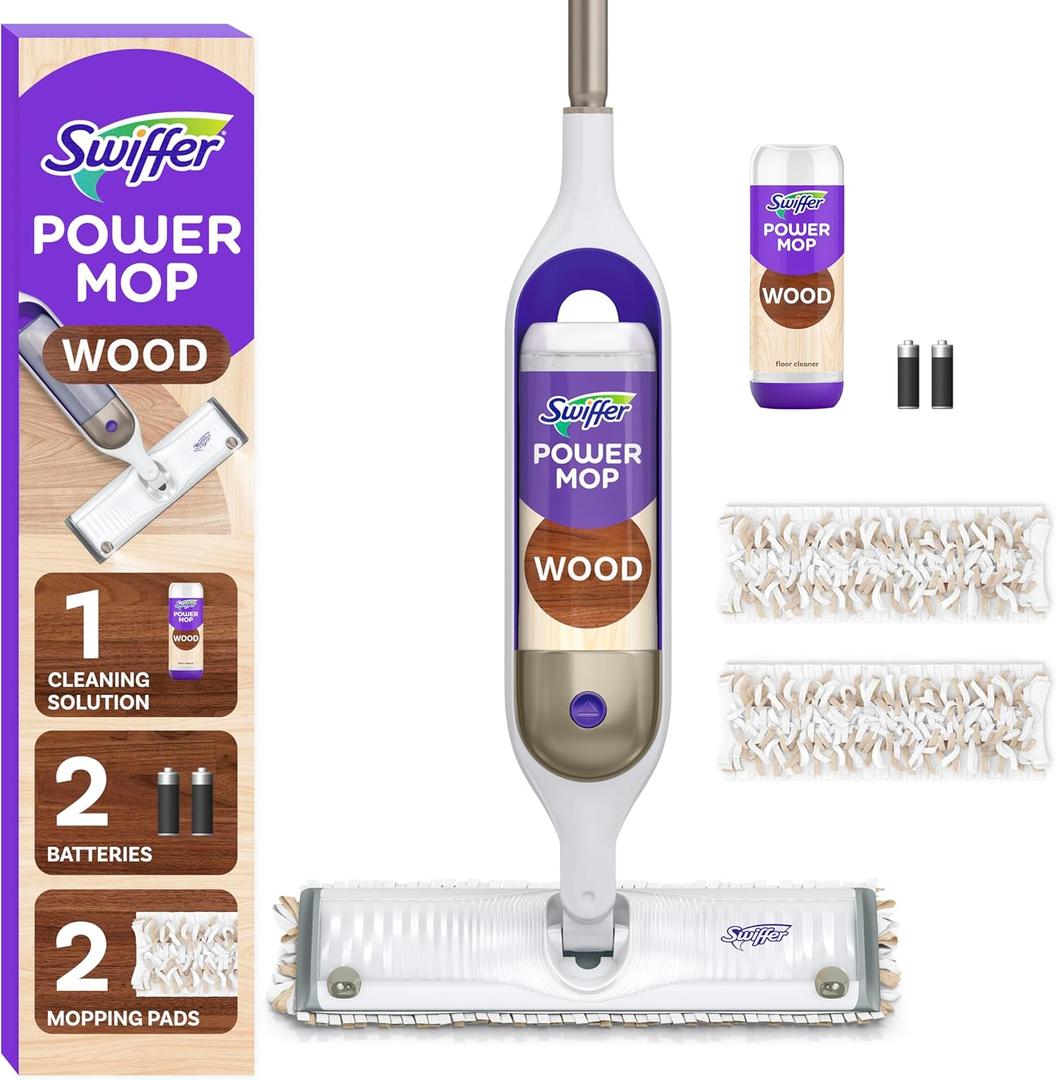 Swiffer Power Mop Wood, Hardwood Floor Cleaner for Mopping Home, Bathroom, Kitchen, All Purpose Multi-Surface Cleaning Set includes PowerMop Wood, 2 Pads, 1 QuickDry Lemon Solution, & 2 Batteries Swiffer Power Mop Wood, Hardwood Floor Cleaner for Mopping Home, Bathroom, Kitchen, All Purpose Multi-Surface Cleaning Set includes PowerMop Wood, 2 Pads, 1 QuickDry Lemon Solution, & 2 Batteries