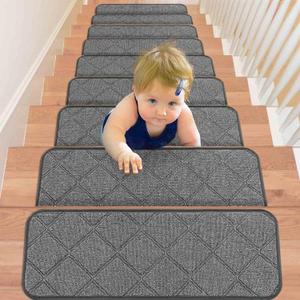 Seloom Upgraded 25.5 X 9.5 Non Slip Stair Treads for Wooden Steps Indoor,Non-Skid Stair Rug Carpet with Slip Resistant Back, Safety for Dogs,Kids and Elders,13-Pack,Grey