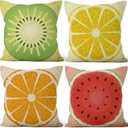Summer Fruit Throw Pillow Covers 26''x26'' Set of 4, Lemon Watermelon Kiwifruit Orange Pillowcase Colorful Printed Cushion Covers for Couch Sofa Bedroom Farmhouse Garden Patio Decorative