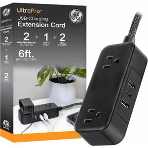 GE Flat Plug Power Strip Extension Cord with USB Ports, Travel Power Strip with 2 Outlets 3 USB Ports, Cruise Ship Essentials, 6 Ft Braided Small Extension Cord Flat Wall Plug, ETL Listed Black, 82586
