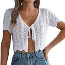 Crochet Shrug Sweater Short Sleeve Tie Front Cropped Cardigan Lightweight Summer Cover Shawl Tops