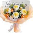 Completed Crochet Flowers Handmade Knitted Bouquet [ Rose Puff flower Fairy Light Gift Card Bag Kit ] for Mother Valentine Birthday Wedding Home Decor (Yellow)