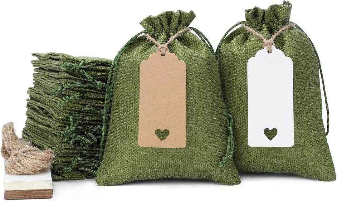 Tapleap Green Burlap Gift Bags with Drawstring - 30Pcs 5x7 Sacks for Wrapping Halloween Favors, DIY Craft, Body Butters, Souvenirs, For Small Business, Wedding, Customers (57in)