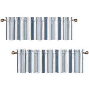 Striped Valances for Windows, Blue White Grey Stripes Kitchen Valance for Bedroom Living Room Bathroom Geometric Small Window Treatments 2Panels 42x18inches
