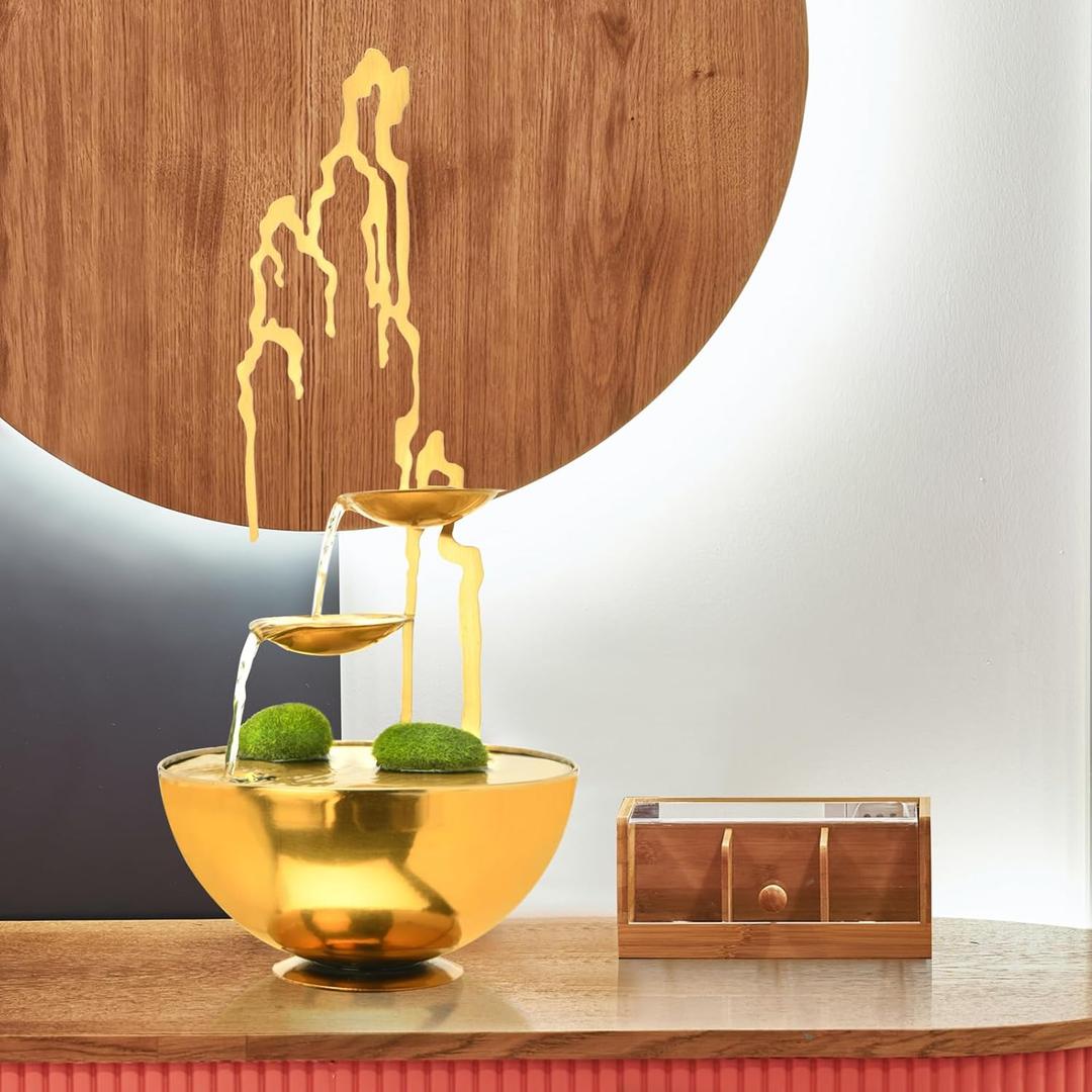Indoor Tabletop Fountain,Home Dcor Soothing Sound Machine with Automatic Pump with Moss Rocks,Golden Zen Natural Mountain Feature for Office,Living Room,or Bedroom Relaxation