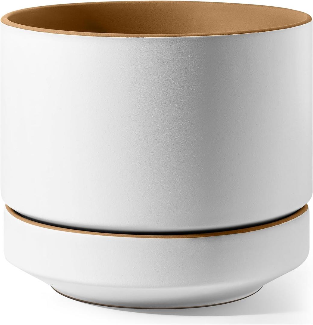 LE TAUCI 12 Inch Pot for Plants with Saucer, Ceramic Indoor Planter Pot with Drainage Hole, Mesh Pad Included, Matte Glazed Outside, Modern for Home and Office, Alpine White & Ochre