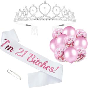 "I'm 21 Bitches" Sash and Rhinestone Tiara Kit, Pink Letter White Birthday Sash Balloons Crystal Silver Tiara Crown for Girl 21st Birthday Gift Ideas Party Decorations