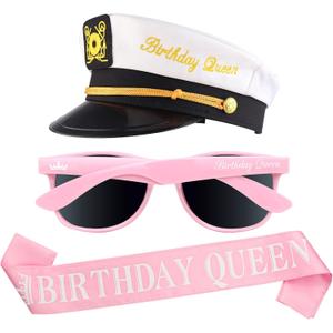 Brosash Birthday Queen Captain's Hat, Sunglasses, Pink Sash Set - Bday Party Photo Prop Accessories | Gift Ideas Celebration Accessory Embroidered Birthday Costume Hats Womens Photoshoot Gifts