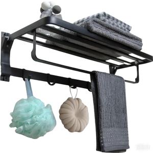 24 Inch Aluminum Alloy Towel Rack 90° Foldable Towel Holder for Bathroom Wall with Towel Bar & 5 Towel Hooks Rustproof Rustproof Towel Storage Rack for Lavatory Kitchen, Black
