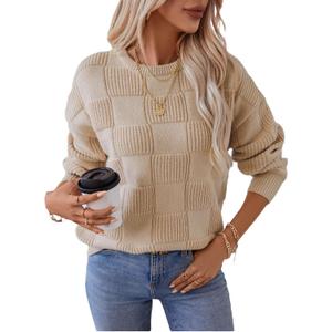 BAKANO Womens Casual Sweaters Long Sleeve Crew Neck Crochet Pullover Sweater Top (Large, Apricot)