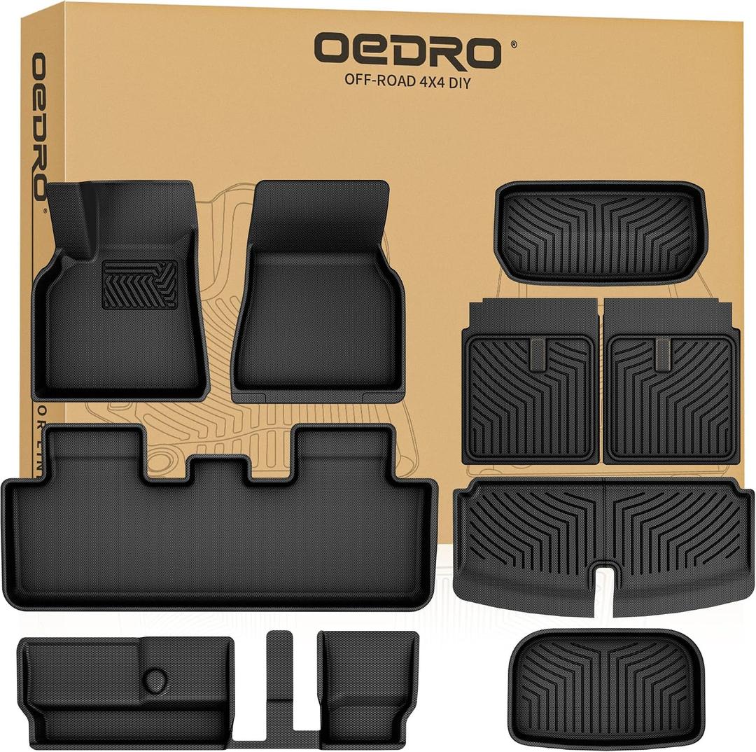 OEDRO Upgraded Floor Mats Fit for Tesla Model Y 7-Seater 2020-2025, All Weather TPE Cargo Liners, 9 PCS Car Mats Tailored Fit Model Y 7-seat Accessories, 1st and 2nd 3rd Row with Backrest Mats
