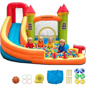 10x10 Inflatable Bounce House with Slide and Ball Pit Kids 3-8 | 10x10ft 7-in-1 backyard play center, wet or dry use, includes blower, stakes, carry bag, basketball, rings, sticky balls, XXXL