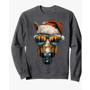Horse with Sunglasses Snow Santa Hat Snowy Christmas Animal Sweatshirt, Grey, Size L