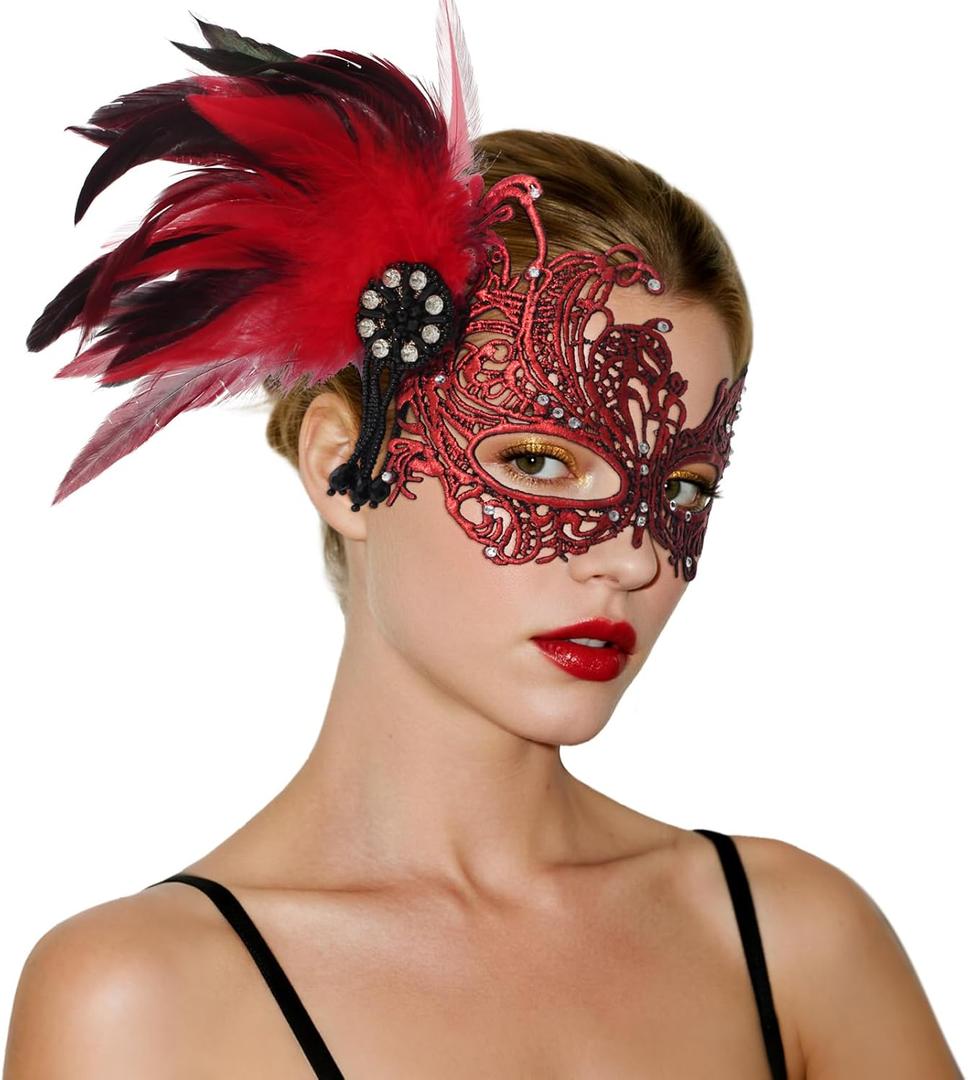 Lace Masquerade Mask for Women Mardi Gras Rhinestone Mask with Feather 1920s Venetian Party Accessories