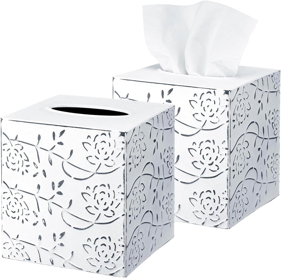 Tioncy 2 Pcs Farmhouse Tissue Box Cover Decorative Tissue Box Holder Square Rustic Metal Holder 3D Raised Rosette Finish Square Dispenser for Bathroom Home Bedroom Office
