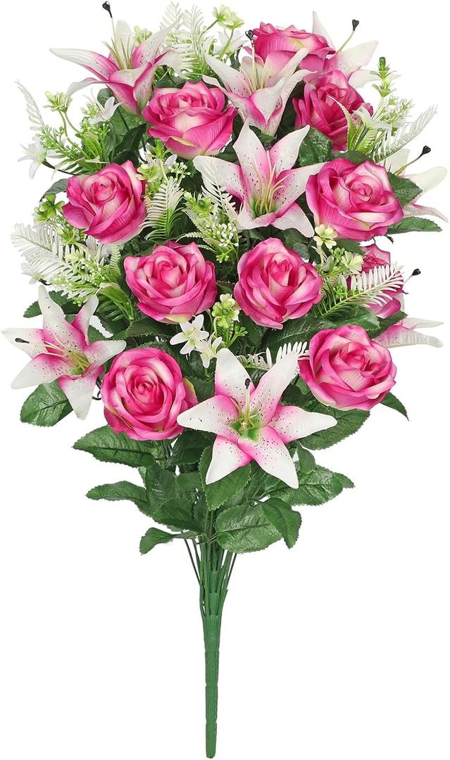Briful Artificial Flowers for Cemetery, Cemetery Flowers for Grave, Weather Resistant Cemetery Flowers for Vase, Large Sympathy Grave Floral Arrangement with Roses Lily Flowers